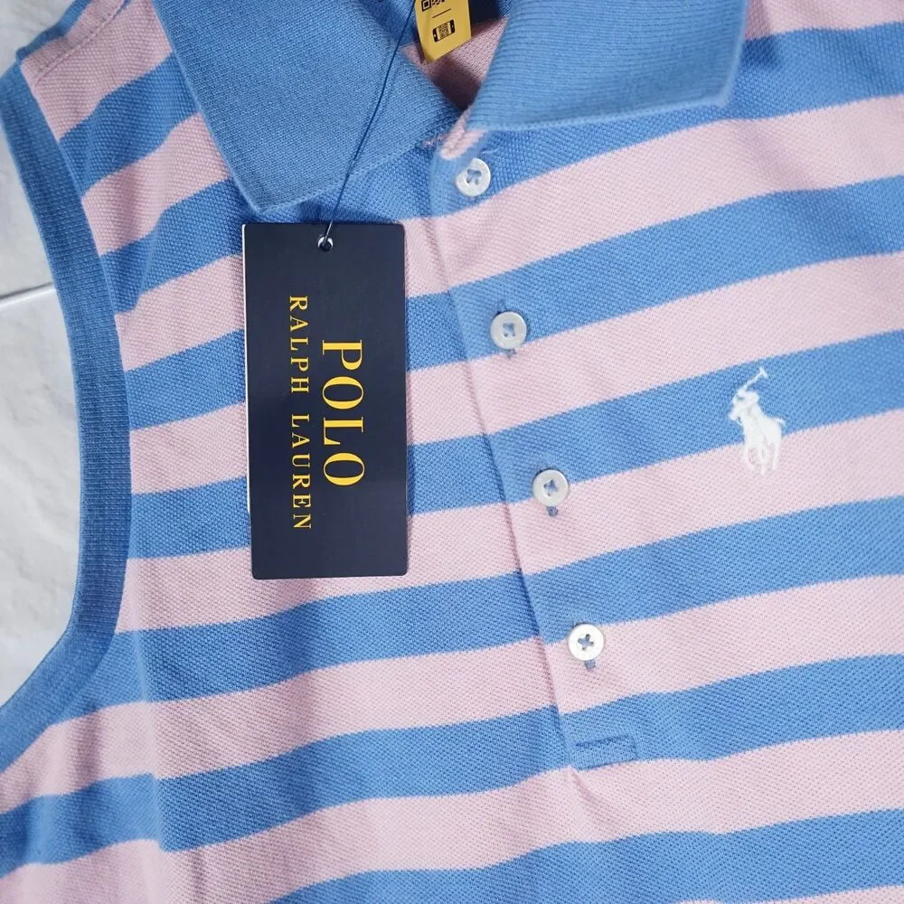 NWT Polo Ralph Lauren Girls Sleeveless Striped Dress Blue Pink Ruffle Large
